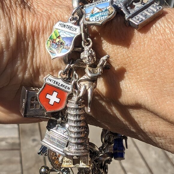 Sterling Silver Charm Bracelet 27 Sterling Charms Travel 64.8 Grams 7.5" Vintage - Picture 3 of 16